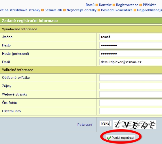 registrační formulář